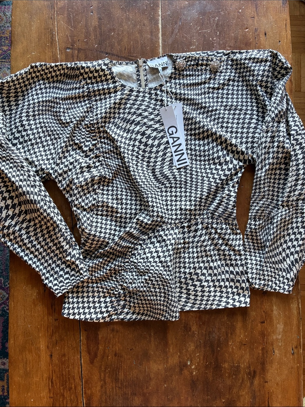 BNWT GANNI Crystal Button Houndstooth Ruched Poplin Blouse | Avant Garde | S